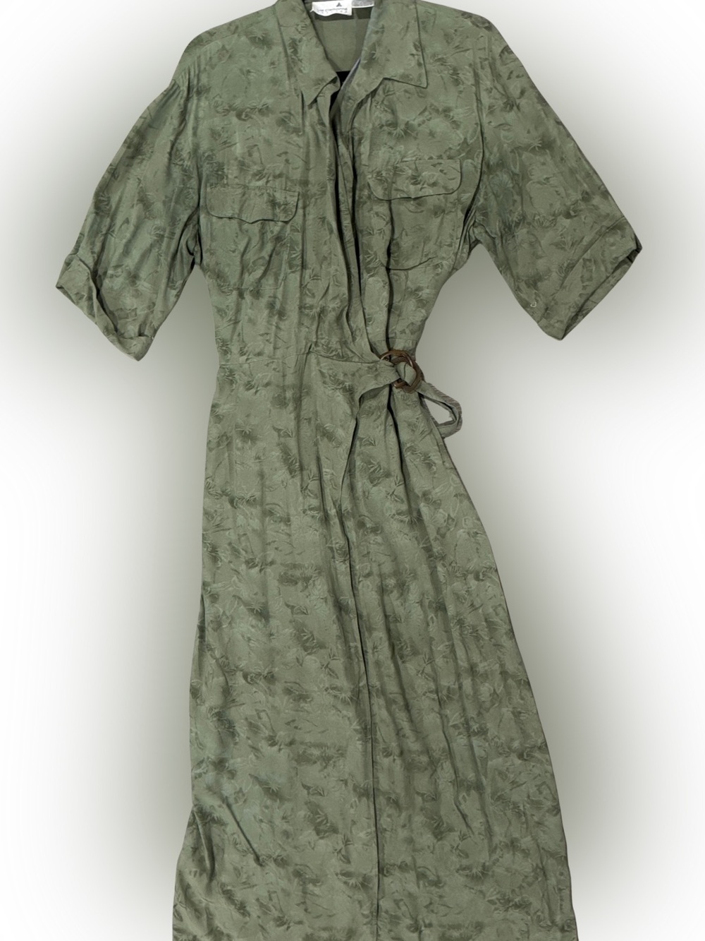Vintage 90s Liz Claiborne Tropical Print Olive Green Midi Shirt Dress Tie Waist